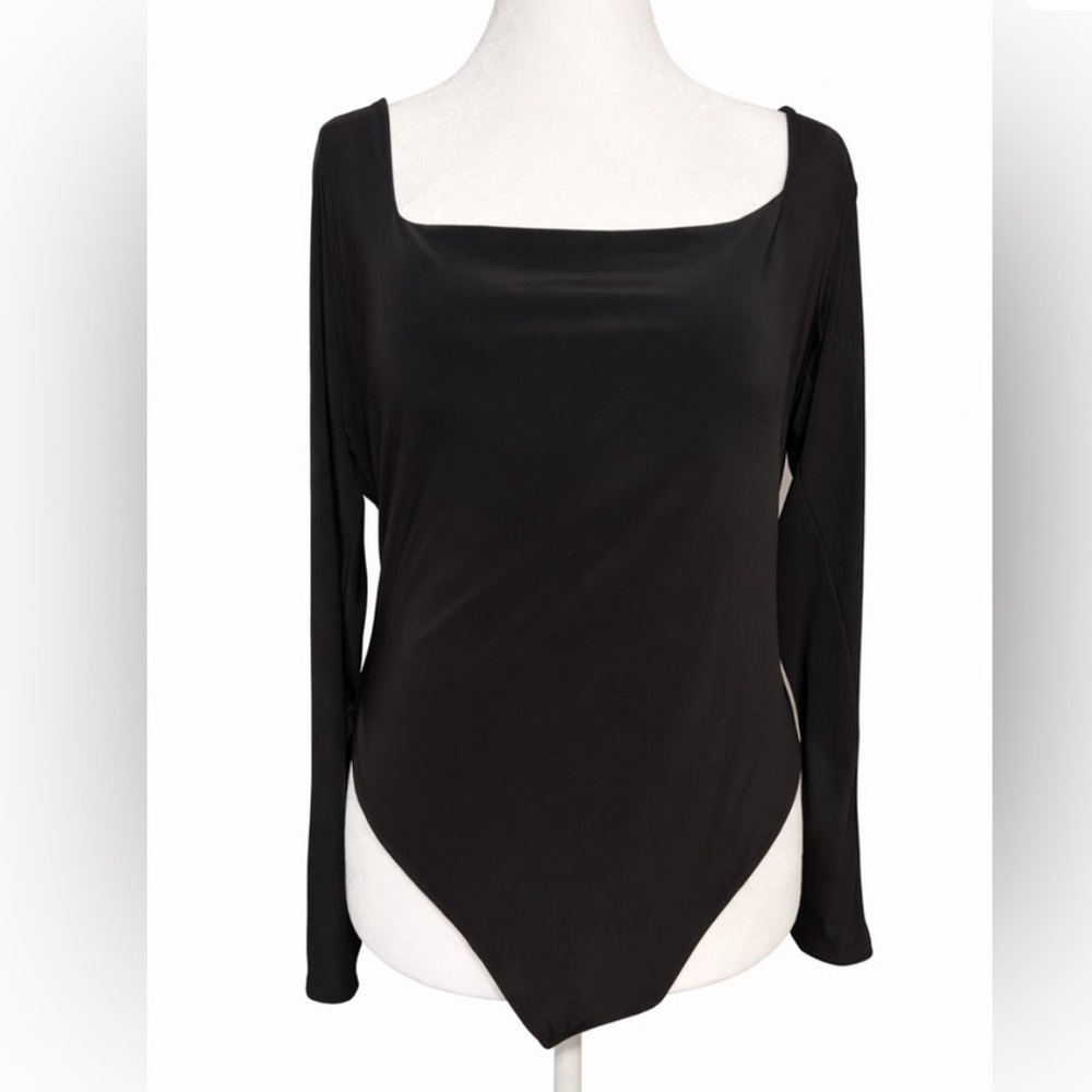 Boohoo Black Square Neck Bodysuit Size 16 Long Sleeve Fitted Chic